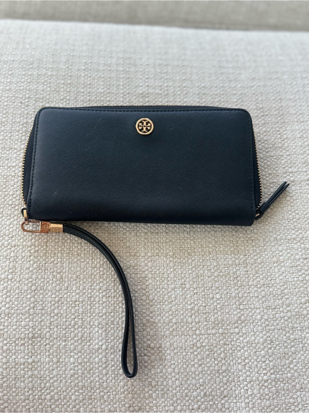 Tory Burch Black Leather Zip Wristlet with Gold Logo